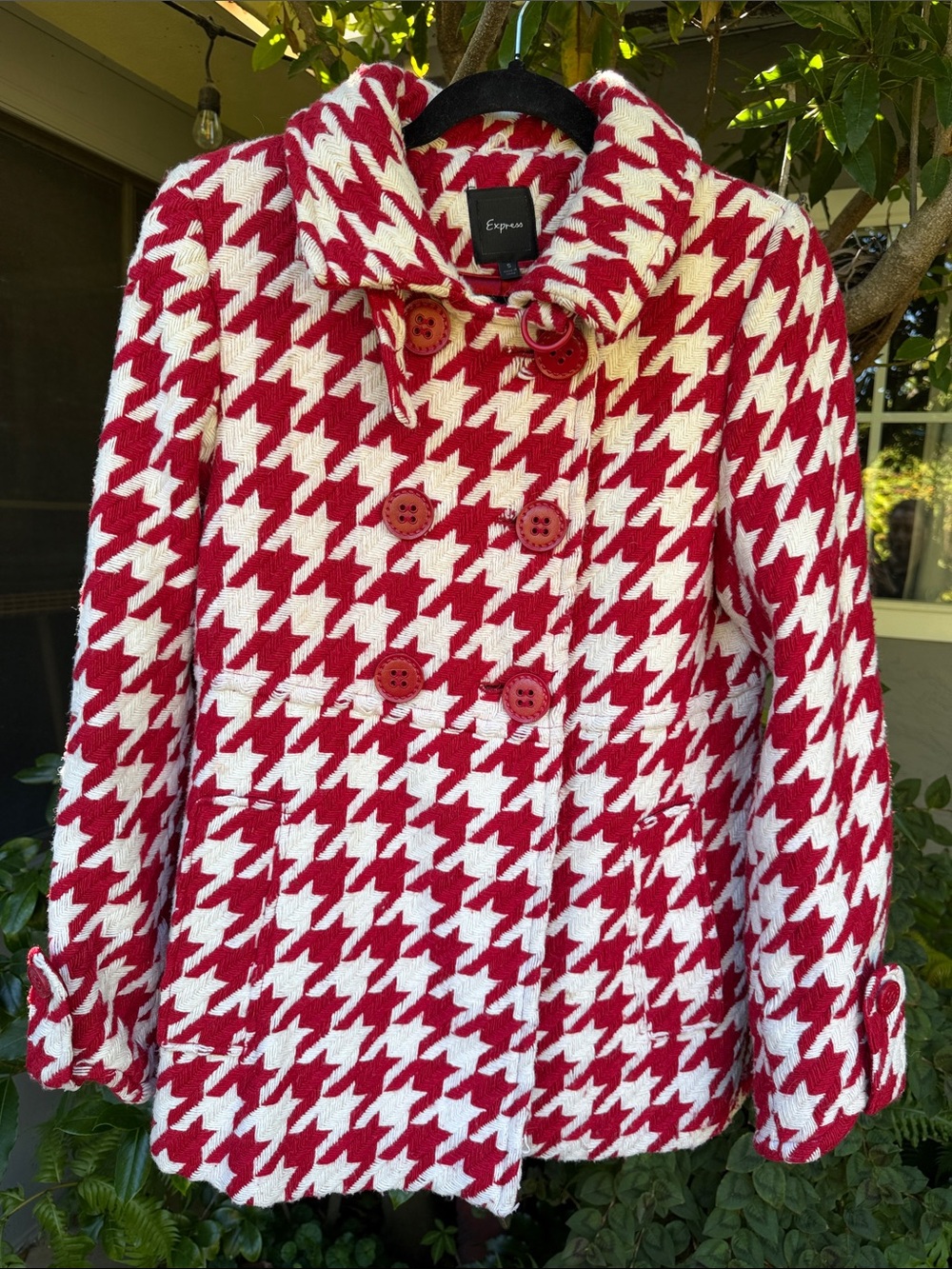 Express Red & White Houndstooth Double-Breasted Pea Coat
